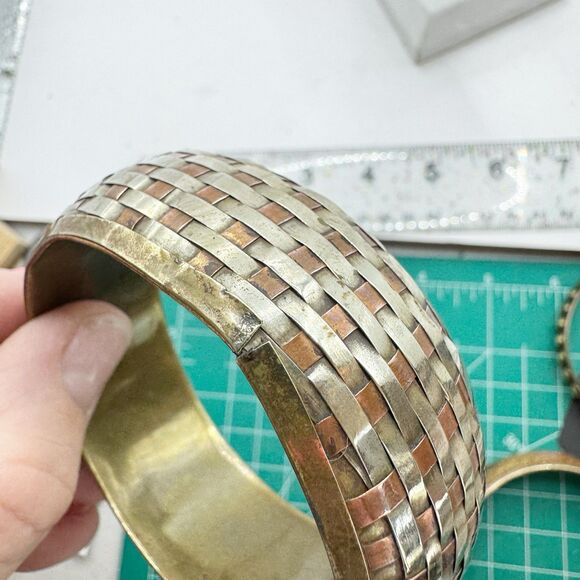 Vtg Woven Mixed Metal Brass Chunky Bangle Bracelet Boho Bohemian Copper Silver - Picture 3 of 13